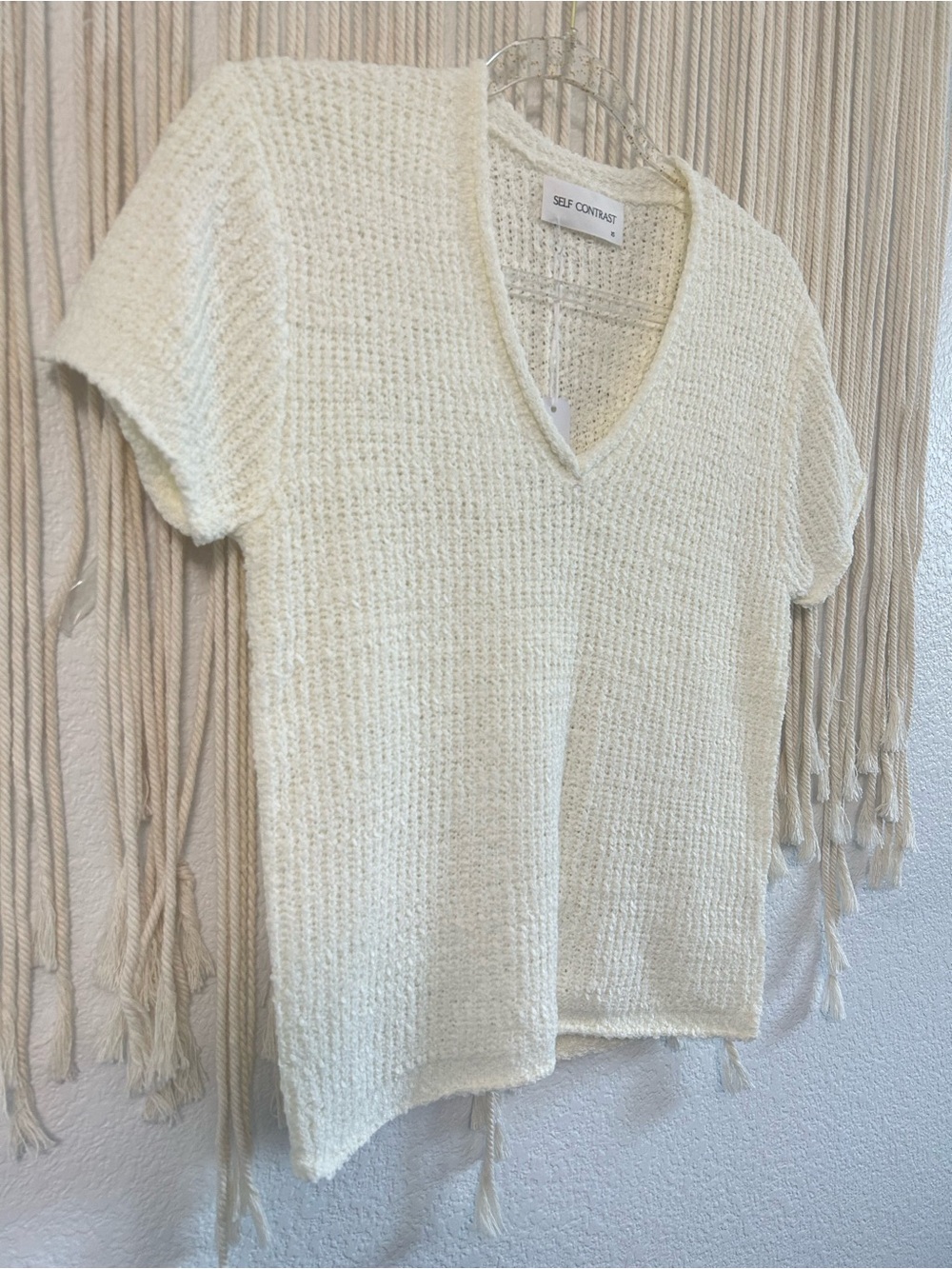 Self Contrast Ivory Textured Knit V-Neck Short Sleeve Sweater Top Lightweight XS - Picture 6 of 9